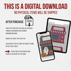Digital download information for the Main Street cross stitch pattern, with PDF charts displayed on a phone and tablet and no physical item included.