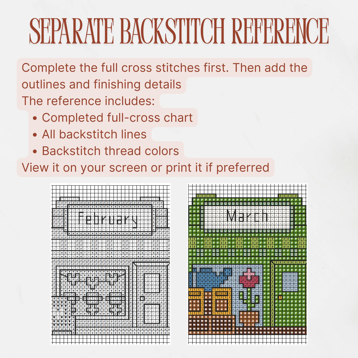 Separate backstitch reference for the Main Street sampler, showing black-and-white and color chart examples with outlines and finishing details.