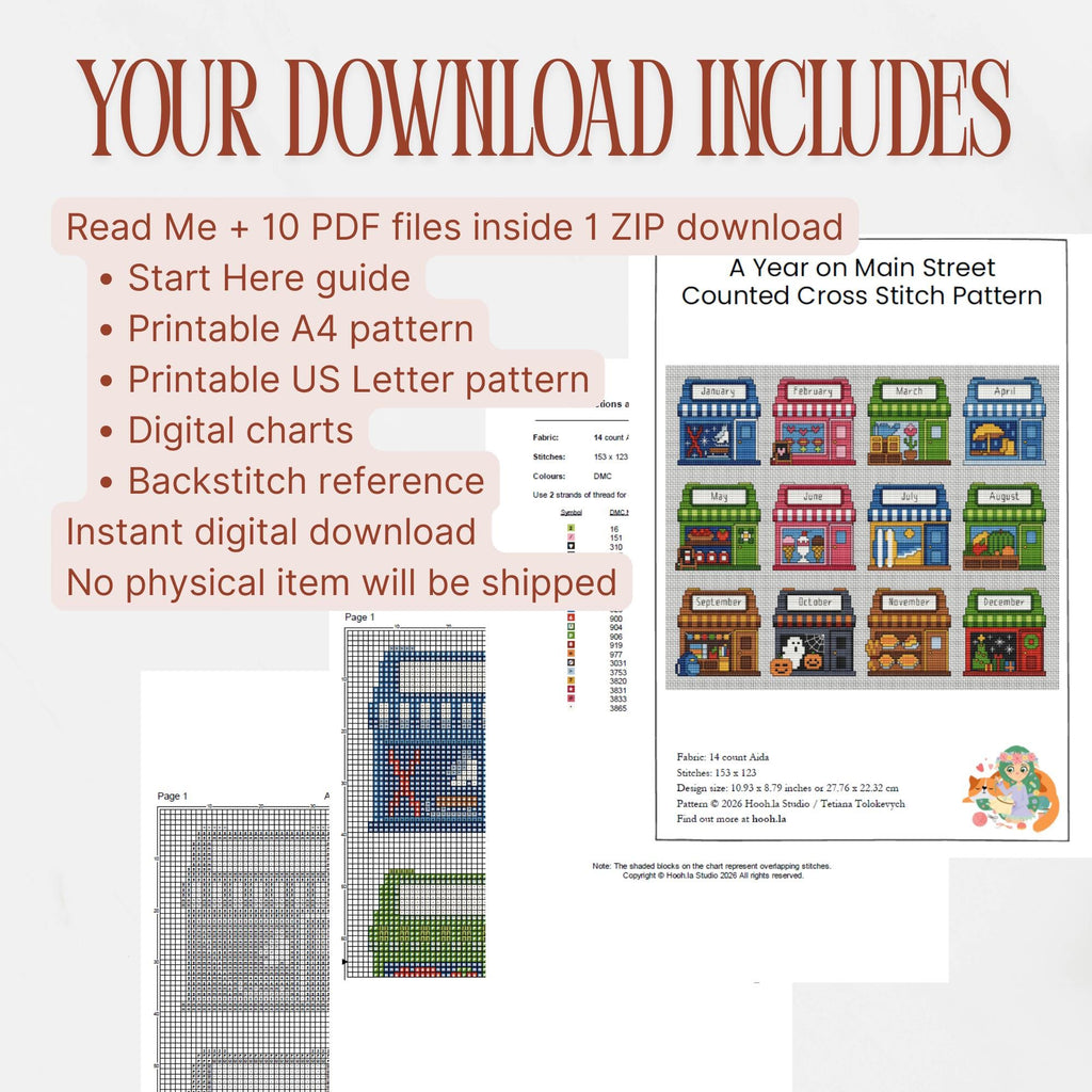 Contents of the Main Street cross stitch download, including a Start Here guide, printable charts, digital charts and separate backstitch references.