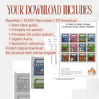 Contents of the Main Street cross stitch download, including a Start Here guide, printable charts, digital charts and separate backstitch references.