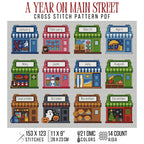 A Year on Main Street cross stitch pattern PDF with twelve monthly storefronts, 153 by 123 stitches, 21 DMC colors and 14-count Aida.