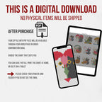 Digital download notice for A Year of Purrs, illustrated with a PDF icon and charts on a phone and tablet. Explains ZIP file access after purchase and confirms that no physical items will be shipped.