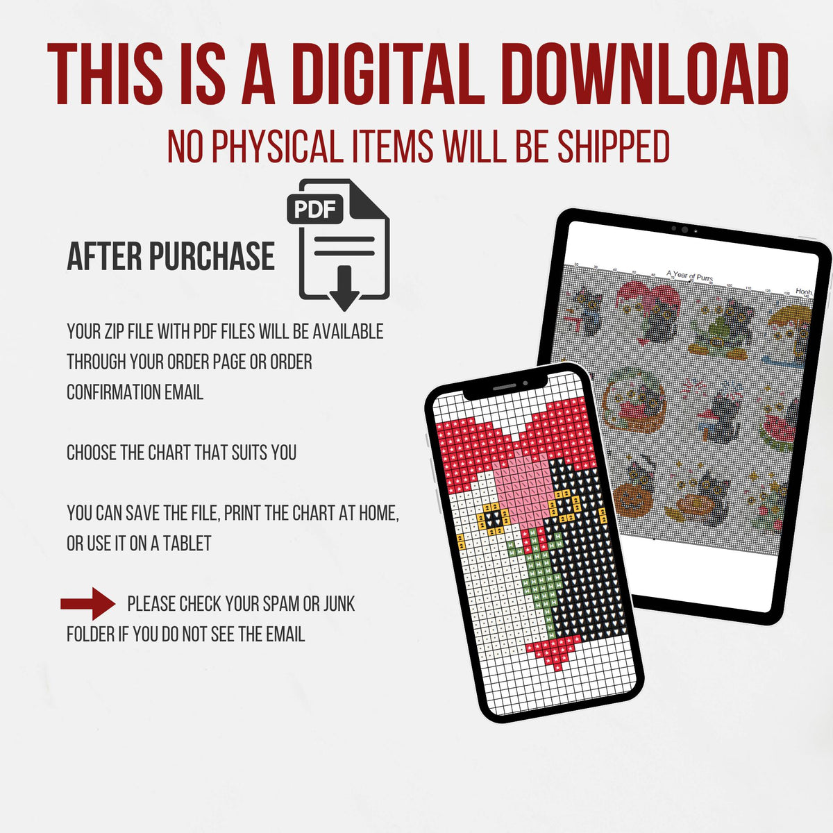 Digital download notice for A Year of Purrs, illustrated with a PDF icon and charts on a phone and tablet. Explains ZIP file access after purchase and confirms that no physical items will be shipped.