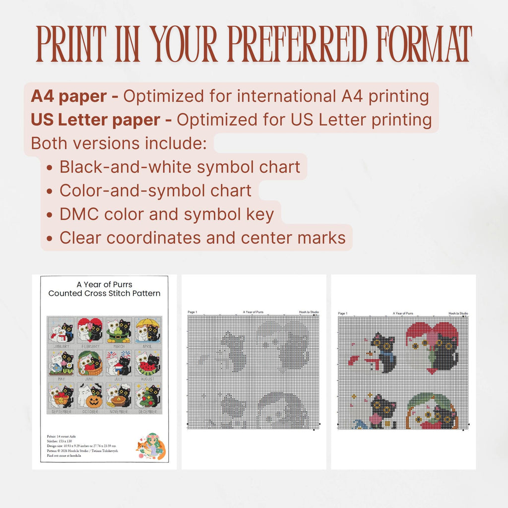 A4 and US Letter printing options for A Year of Purrs cross stitch pattern, showing the cover, black-and-white symbol chart, and color-and-symbol chart. Includes DMC keys, coordinates, and center marks.