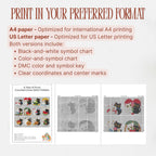 A4 and US Letter printing options for A Year of Purrs cross stitch pattern, showing the cover, black-and-white symbol chart, and color-and-symbol chart. Includes DMC keys, coordinates, and center marks.