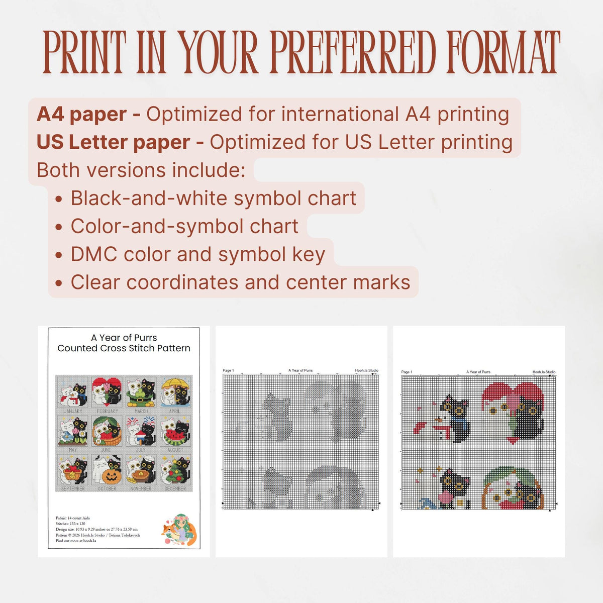 A4 and US Letter printing options for A Year of Purrs cross stitch pattern, showing the cover, black-and-white symbol chart, and color-and-symbol chart. Includes DMC keys, coordinates, and center marks.