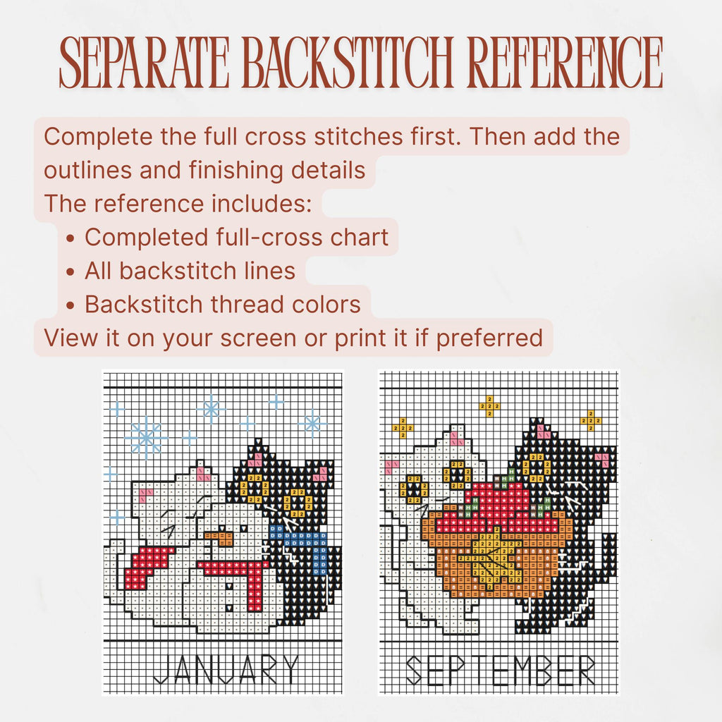 Separate backstitch reference with enlarged January and September cat charts. Instructions explain adding outlines after the full cross stitches, using the included backstitch lines and thread colors.