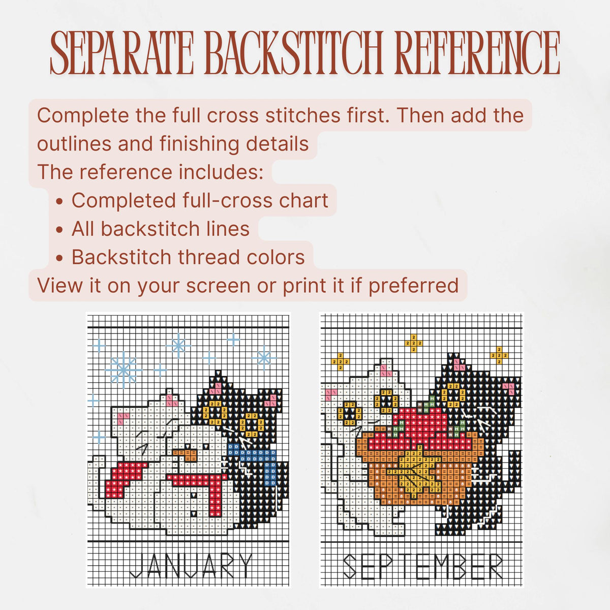 Separate backstitch reference with enlarged January and September cat charts. Instructions explain adding outlines after the full cross stitches, using the included backstitch lines and thread colors.