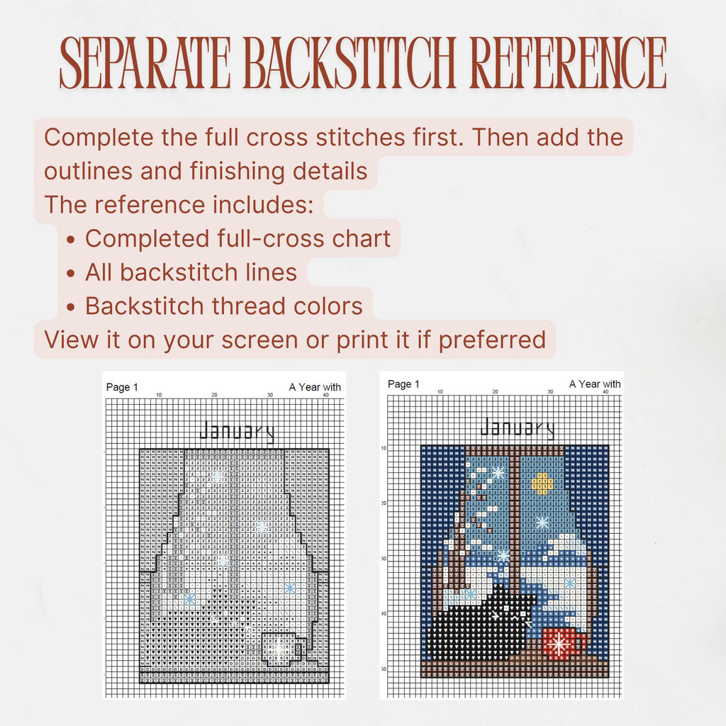 Separate backstitch reference for A Year with a Black Cat, showing black-and-white and color January chart pages with outlines and thread details.