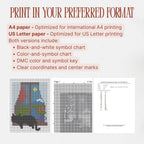 Printable A4 and US Letter chart options for the black cat sampler, showing color-and-symbol, black-and-white and DMC key sample pages.