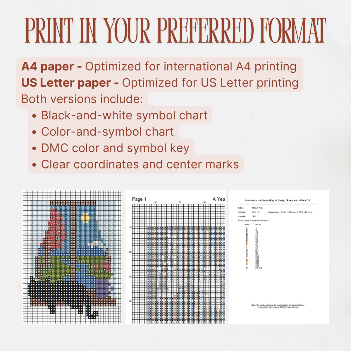Printable A4 and US Letter chart options for the black cat sampler, showing color-and-symbol, black-and-white and DMC key sample pages.