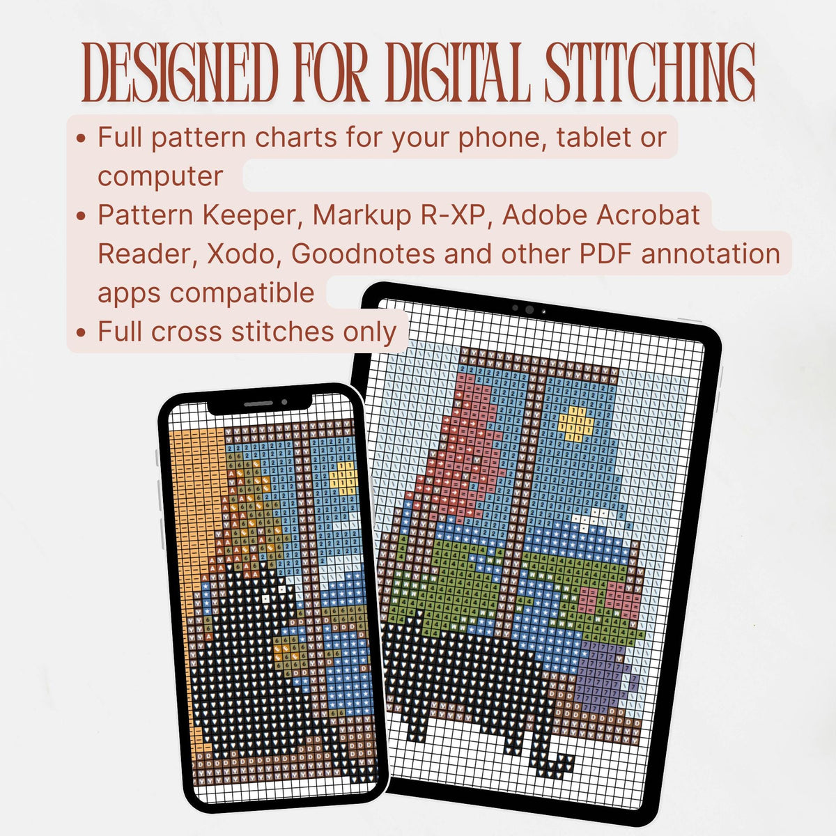 Digital black cat cross stitch chart displayed on a phone and tablet, designed for PDF annotation apps and featuring full cross stitches.