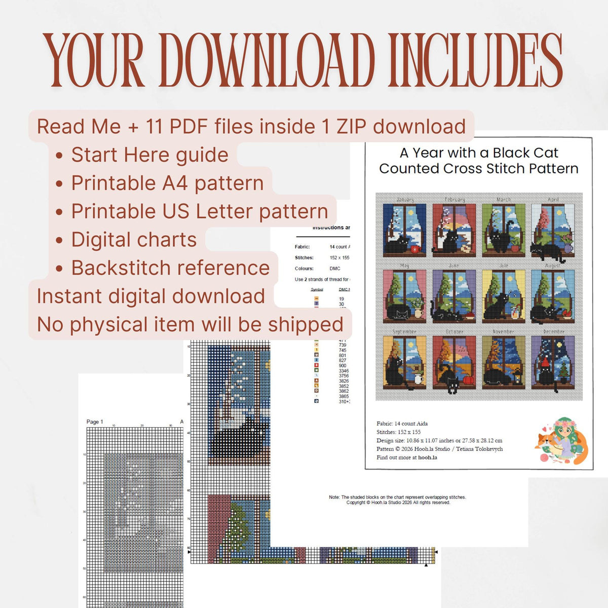 Download contents for A Year with a Black Cat, including a Start Here guide, printable charts, digital charts and separate backstitch references.
