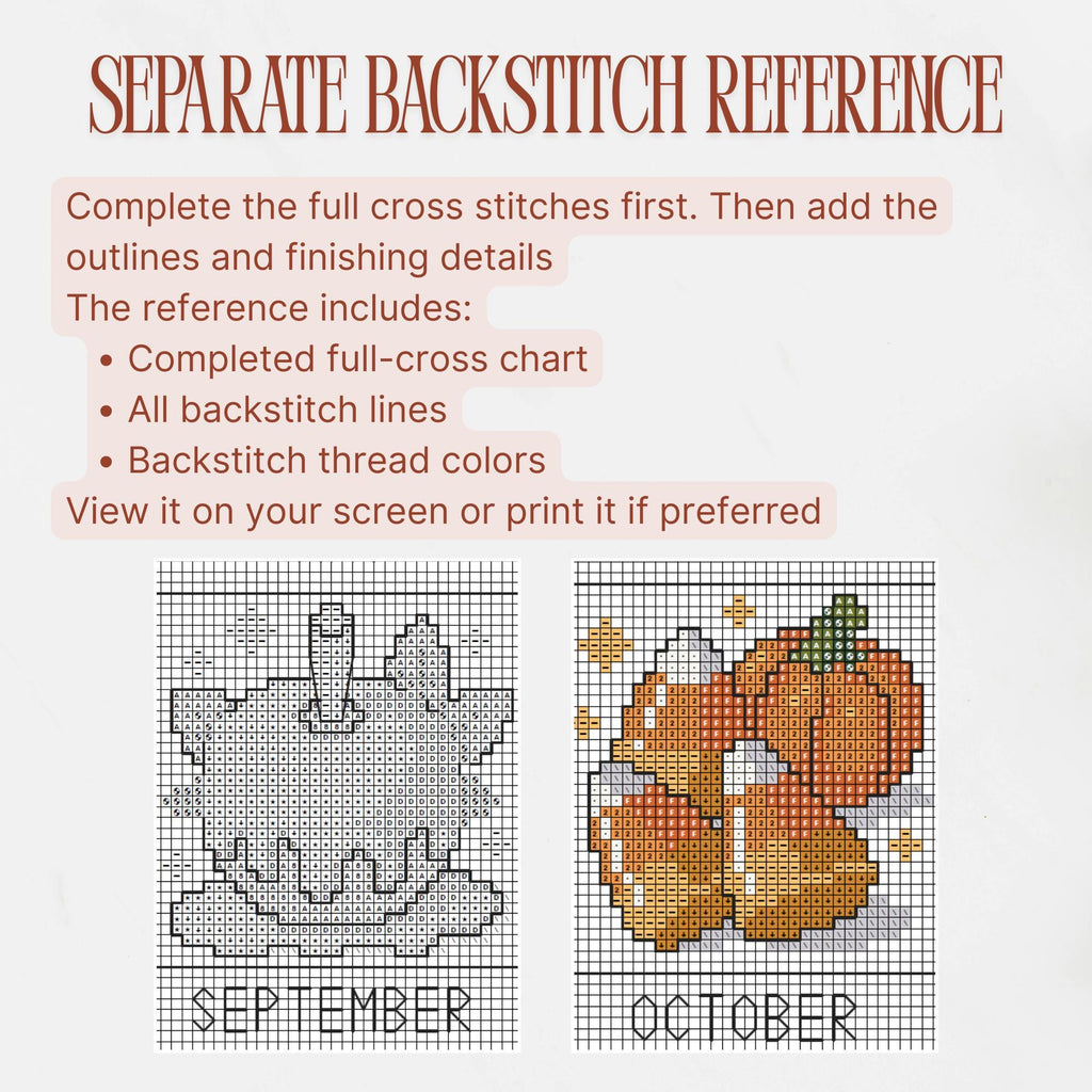 Separate backstitch reference for the Sweet Treats cross stitch sampler, showing black-and-white and color chart examples with outlines and thread colors.