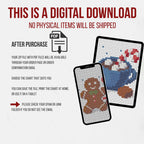 Digital cross stitch charts displayed on a phone and tablet, featuring gingerbread and frozen dessert motifs from the 12-month Sweet Treats sampler.