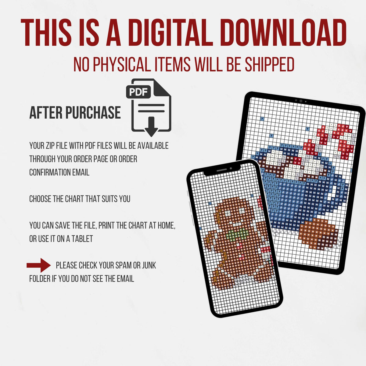 Digital cross stitch charts displayed on a phone and tablet, featuring gingerbread and frozen dessert motifs from the 12-month Sweet Treats sampler.