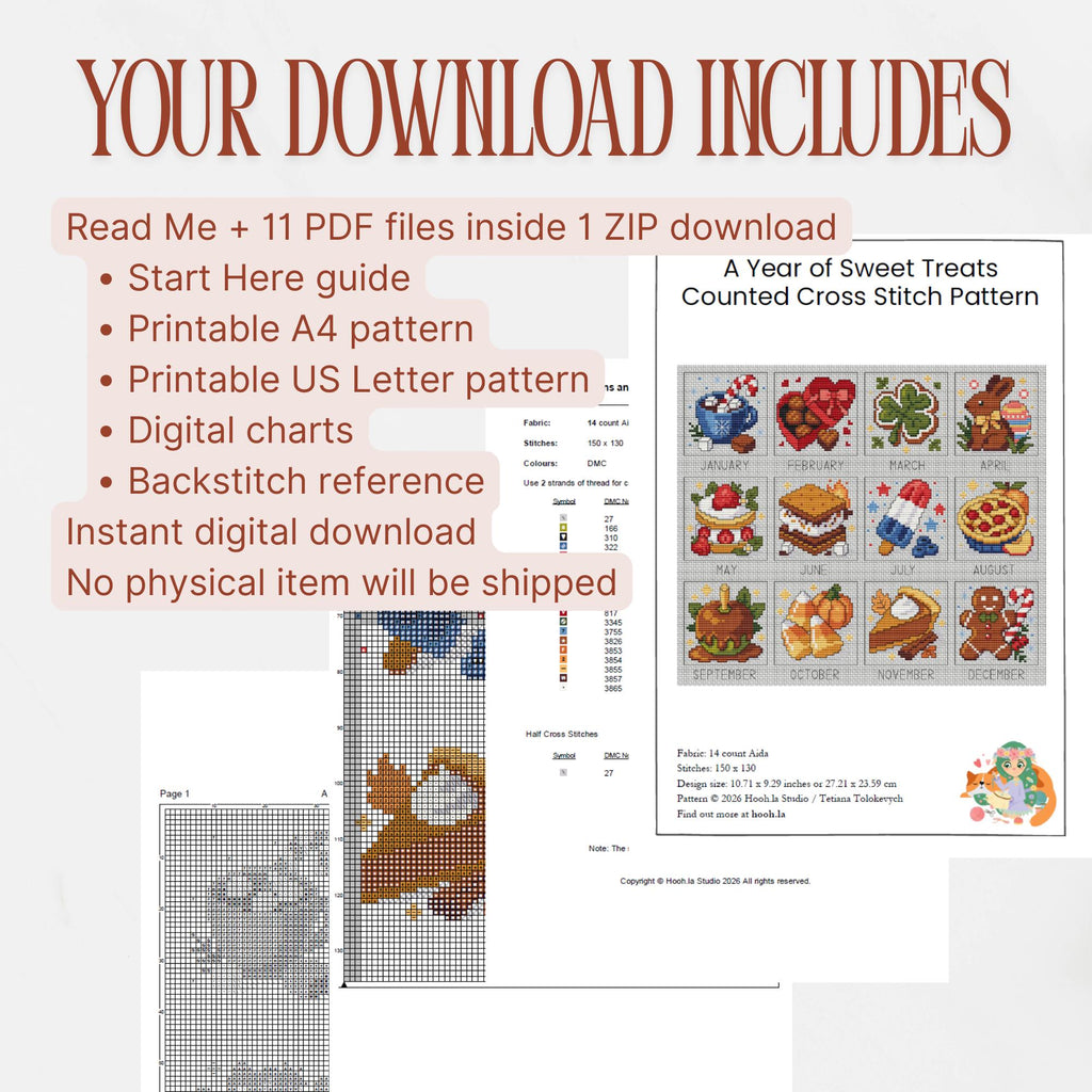 Contents of the Sweet Treats cross stitch PDF download, including printable charts, digital charts, instructions, color key and separate backstitch references.