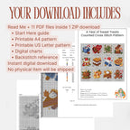 Contents of the Sweet Treats cross stitch PDF download, including printable charts, digital charts, instructions, color key and separate backstitch references.