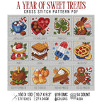 A Year of Sweet Treats cross stitch pattern PDF with twelve monthly motifs, 150 by 130 stitches, 19 DMC colors and a 14-count Aida preview.