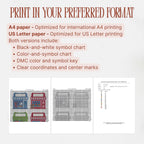 Printable Main Street cross stitch charts formatted for A4 and US Letter paper, with color, black-and-white and symbol-key examples.