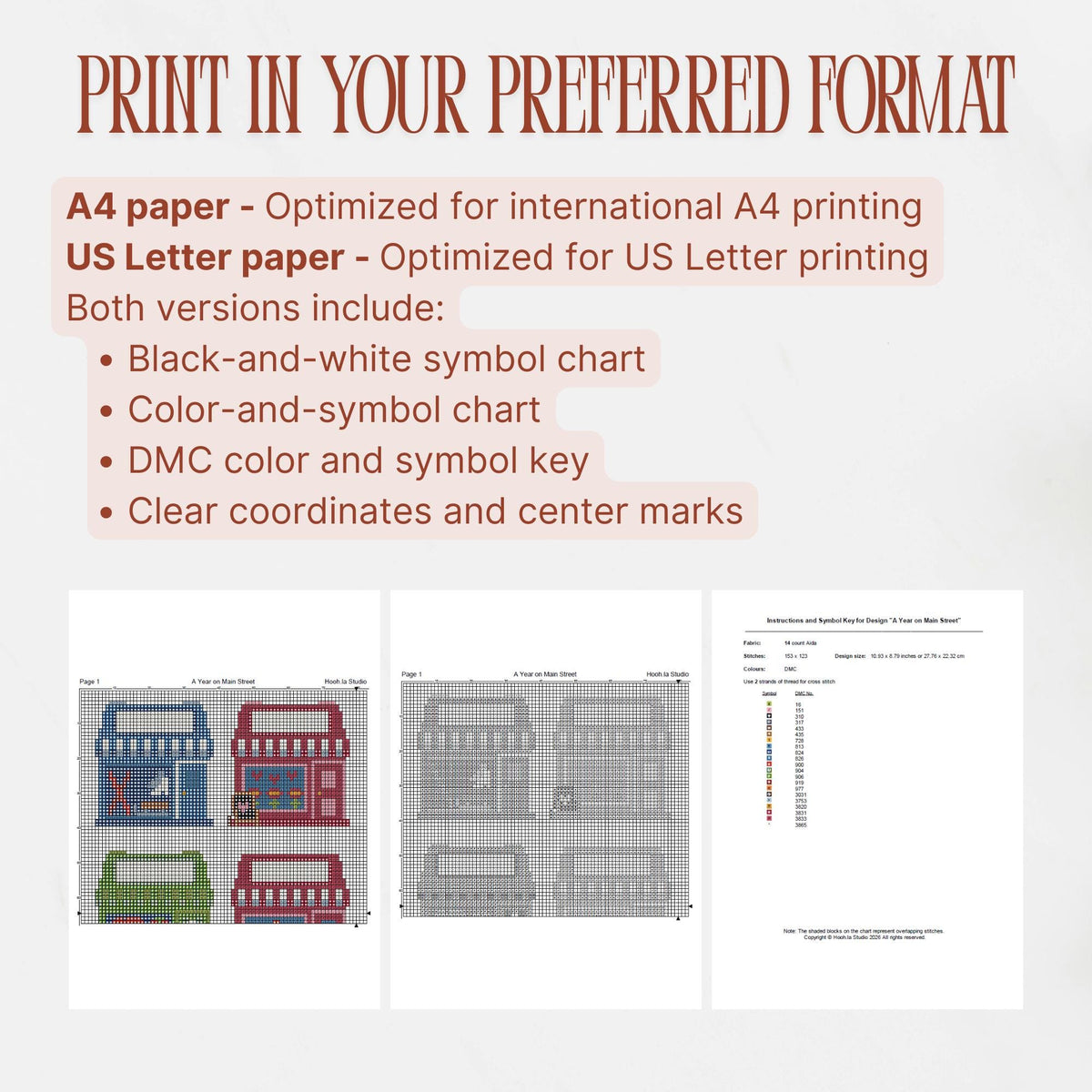 Printable Main Street cross stitch charts formatted for A4 and US Letter paper, with color, black-and-white and symbol-key examples.