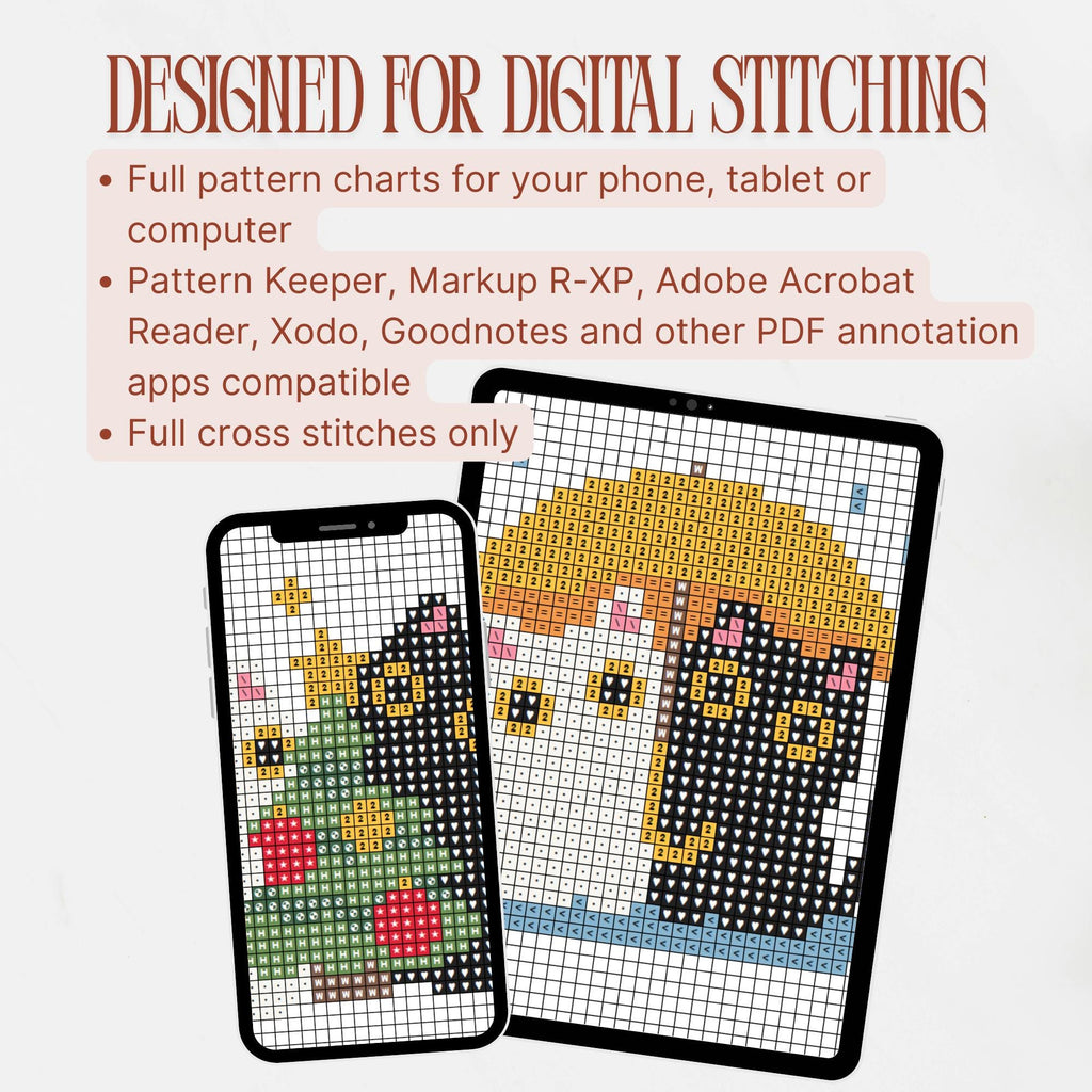Phone and tablet displaying enlarged sections of A Year of Purrs digital cross stitch charts, including Christmas cats and April cats beneath an umbrella. Digital charts contain full cross stitches only.