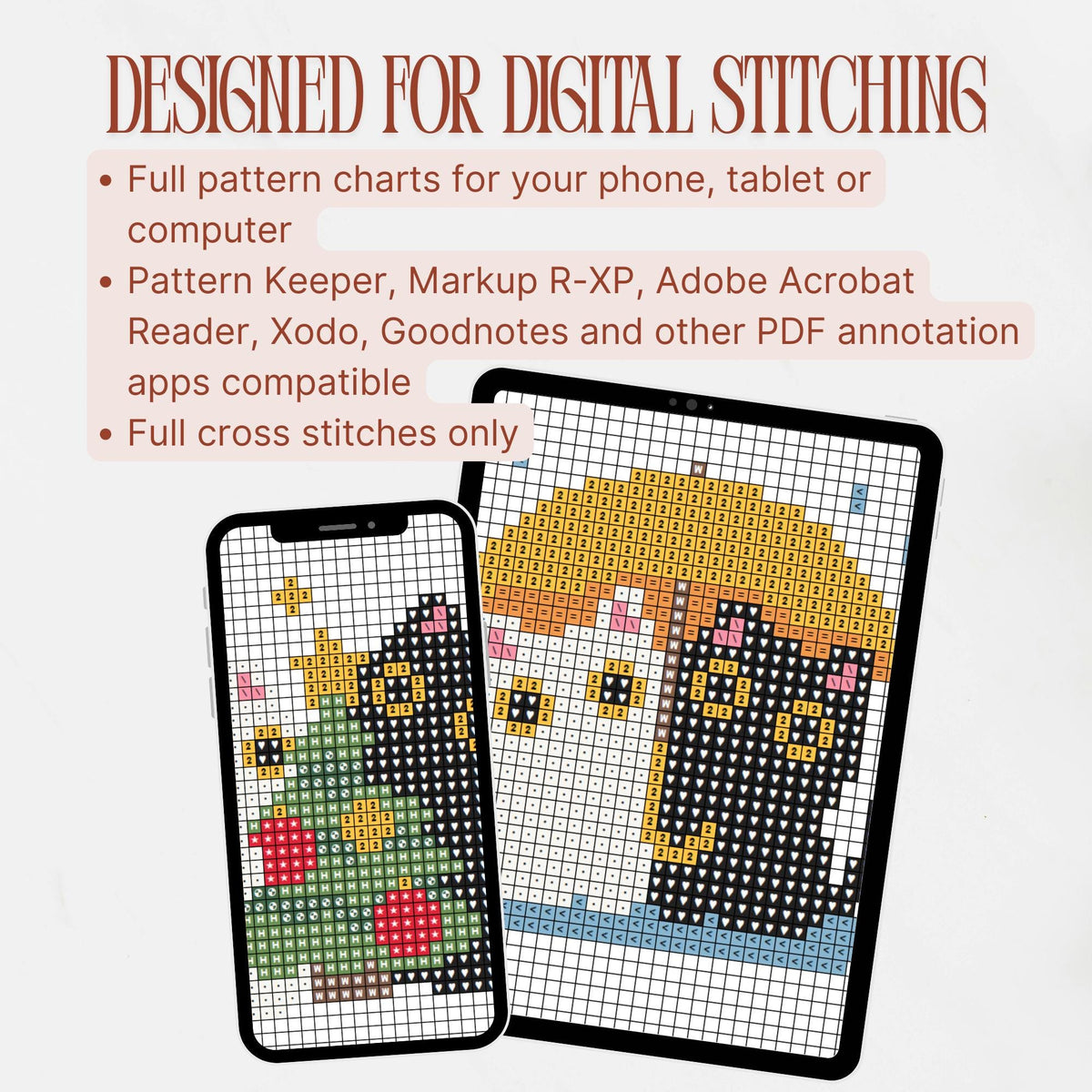 Phone and tablet displaying enlarged sections of A Year of Purrs digital cross stitch charts, including Christmas cats and April cats beneath an umbrella. Digital charts contain full cross stitches only.