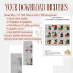 A Year of Purrs download contents: Read Me and 10 PDFs in one ZIP, including a start guide, A4 and US Letter charts, digital charts, and backstitch reference. Digital pattern only.