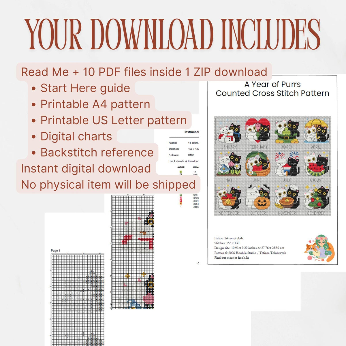 A Year of Purrs download contents: Read Me and 10 PDFs in one ZIP, including a start guide, A4 and US Letter charts, digital charts, and backstitch reference. Digital pattern only.