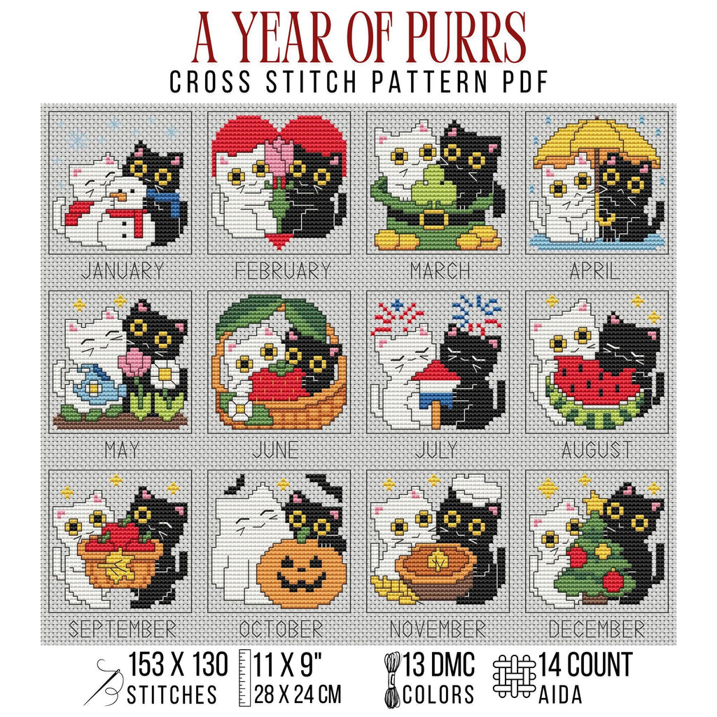 A Year of Purrs cross stitch pattern cover showing twelve seasonal scenes with black and white cats. Design specifications: 153 by 130 stitches, 13 DMC colors, and 14-count Aida.