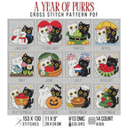 A Year of Purrs cross stitch pattern cover showing twelve seasonal scenes with black and white cats. Design specifications: 153 by 130 stitches, 13 DMC colors, and 14-count Aida.