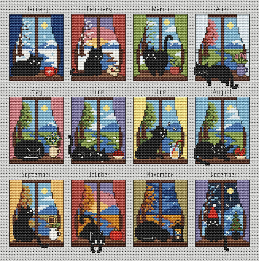 A Year with a Black Cat Cross Stitch Pattern PDF, 12-Month Window Sampler