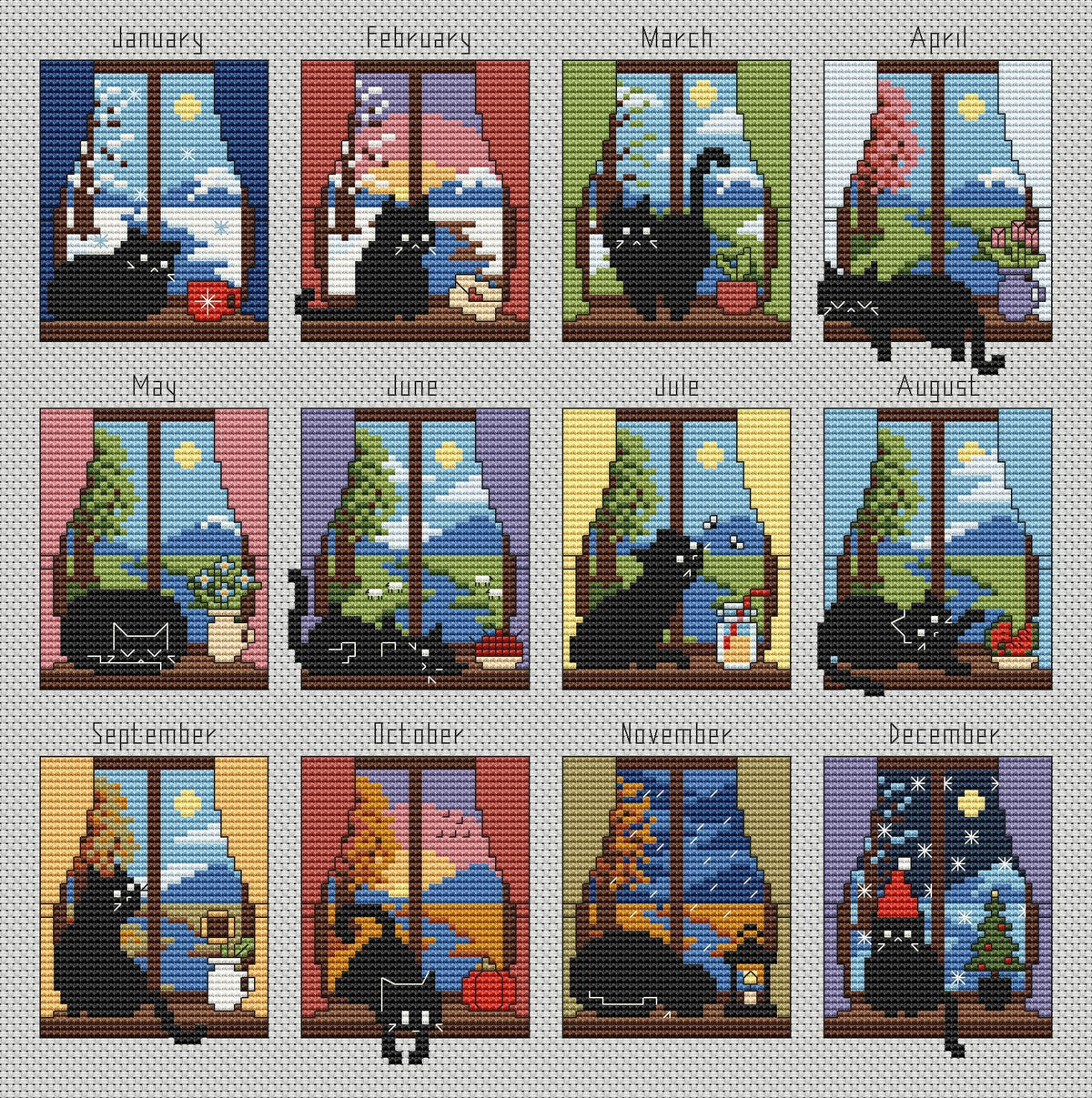 A Year with a Black Cat Cross Stitch Pattern PDF, 12-Month Window Sampler