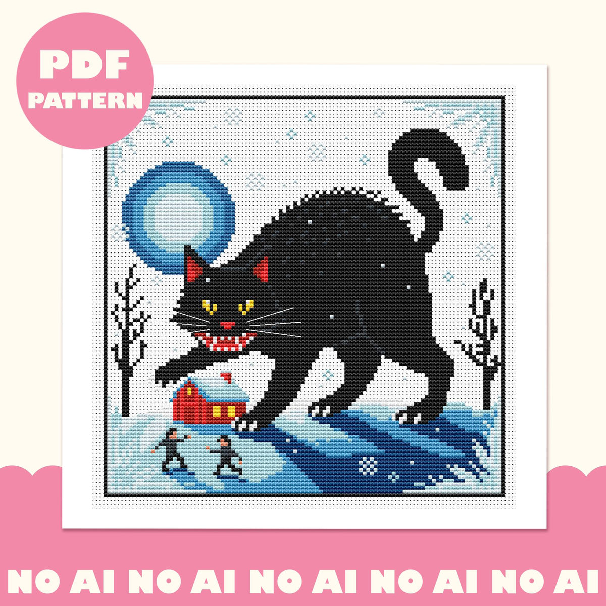 Framed Yule Cat cross stitch design: a giant black cat with yellow eyes above a red snowy cottage, bare trees and two tiny figures under a blue full moon. Pink PDF pattern badge.