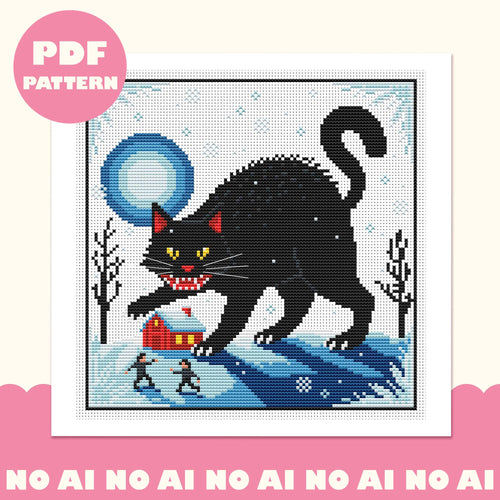 Framed Yule Cat cross stitch design: a giant black cat with yellow eyes above a red snowy cottage, bare trees and two tiny figures under a blue full moon. Pink PDF pattern badge.