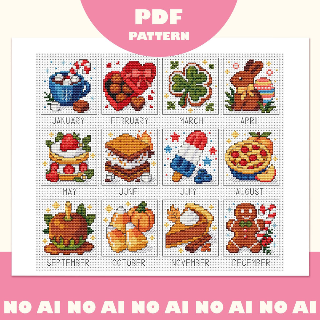 Cross Stitch Sampler Pattern PDF, 12 Months of Sweet Treats, Stitch A Long