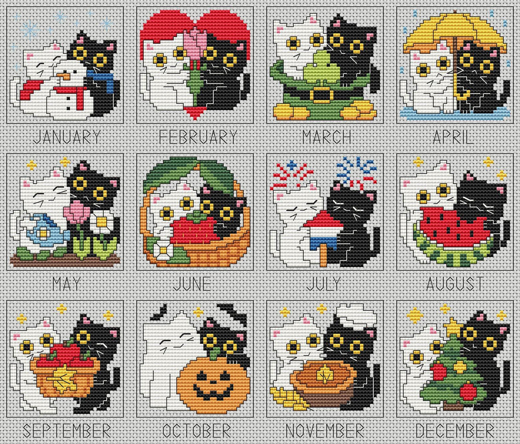 Cat Cross Stitch Pattern PDF, 12-Month Seasonal Sampler, A Year of Purrs, Stitch Along
