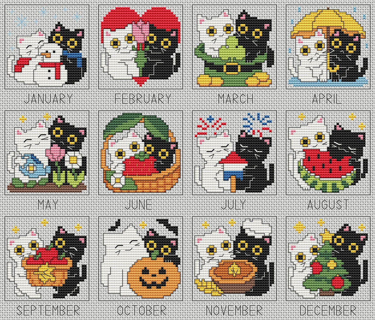 Cat Cross Stitch Pattern PDF, 12-Month Seasonal Sampler, A Year of Purrs, Stitch Along