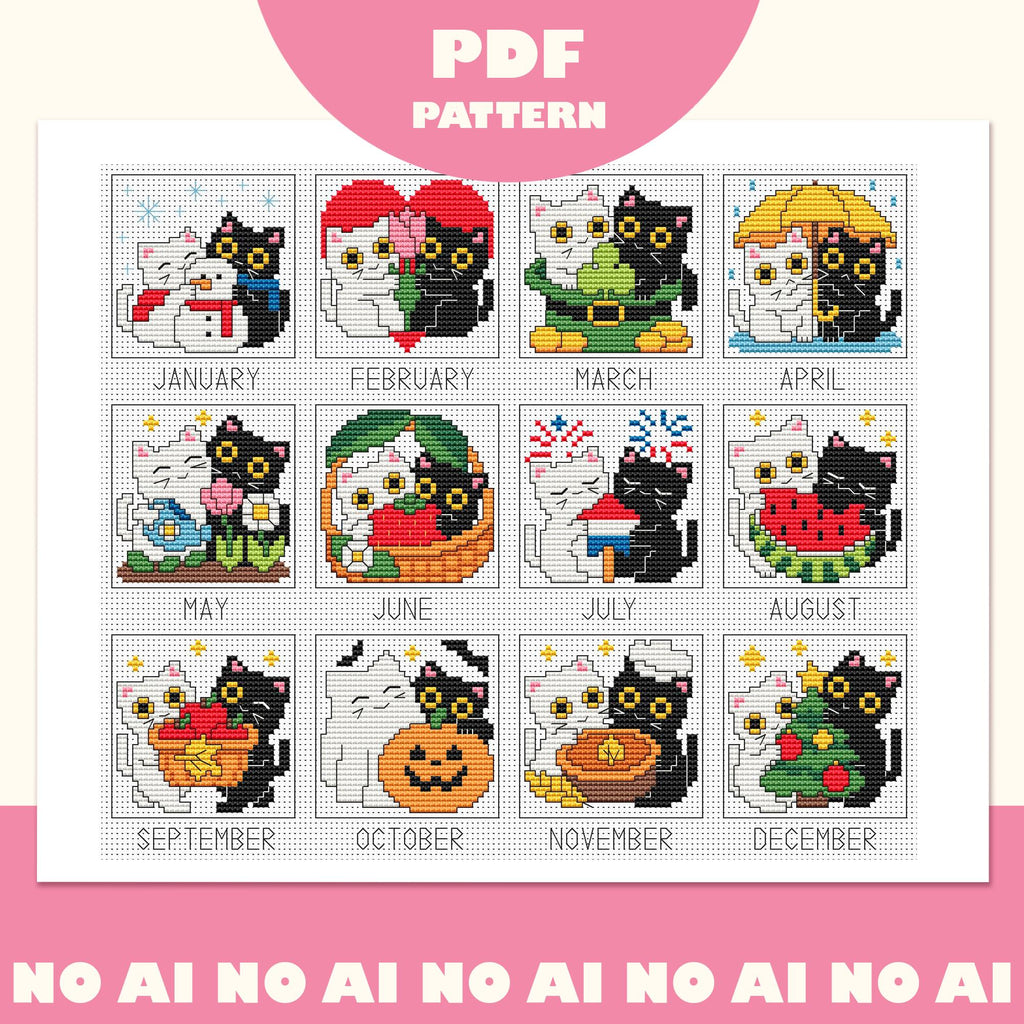 Cat Cross Stitch Pattern PDF, 12-Month Seasonal Sampler, A Year of Purrs, Stitch Along