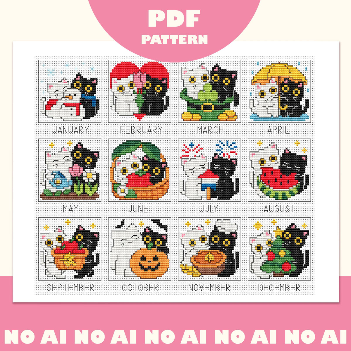 Cat Cross Stitch Pattern PDF, 12-Month Seasonal Sampler, A Year of Purrs, Stitch Along