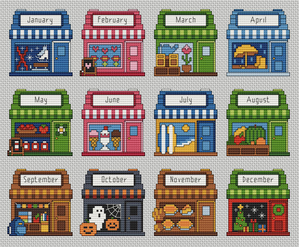 Cross Stitch Sampler Pattern PDF, 12 Month Main Street Stitch-Along, Stitch A Long