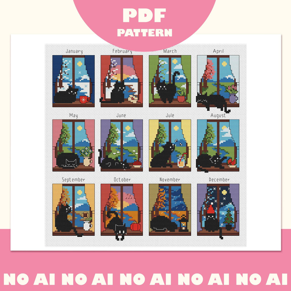 A Year with a Black Cat Cross Stitch Pattern PDF, 12-Month Window Sampler
