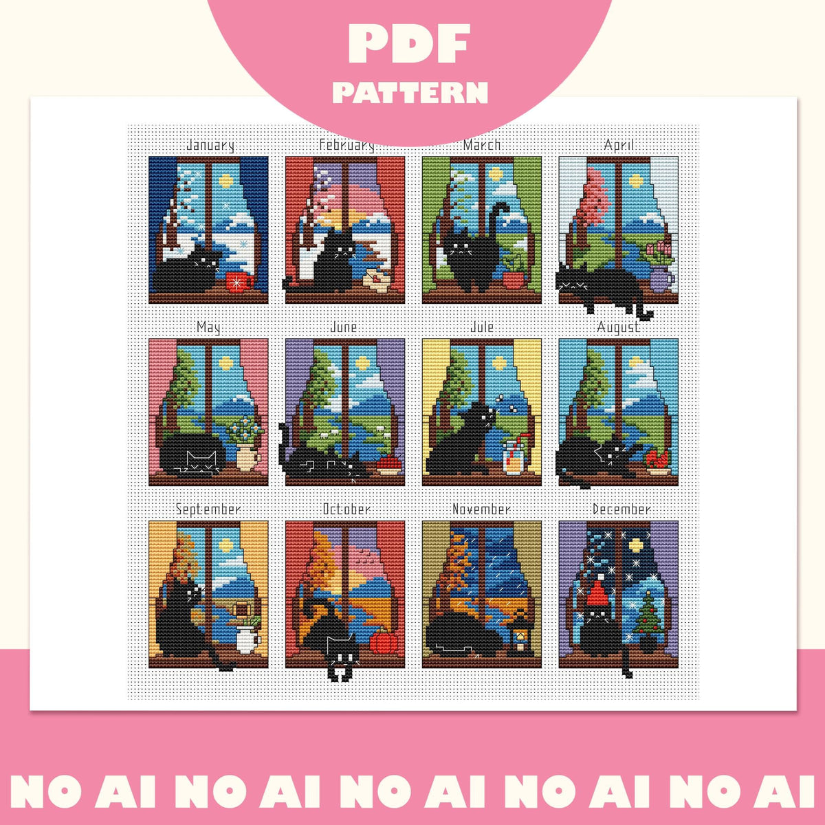 A Year with a Black Cat Cross Stitch Pattern PDF, 12-Month Window Sampler