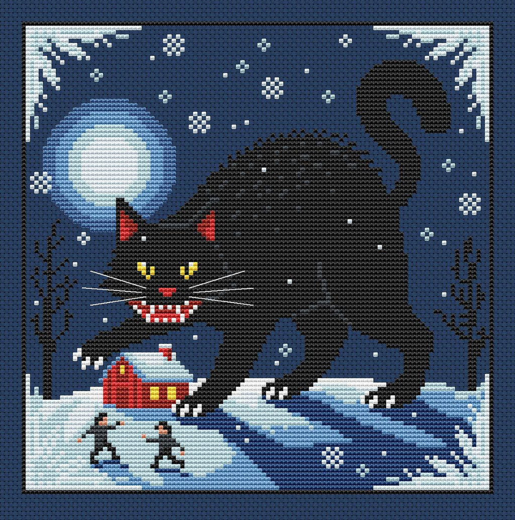 Yule Cat cross stitch design on dark blue fabric: a giant black cat, glowing blue moon, white snowflakes, a red cottage and two tiny figures in a snowy landscape.
