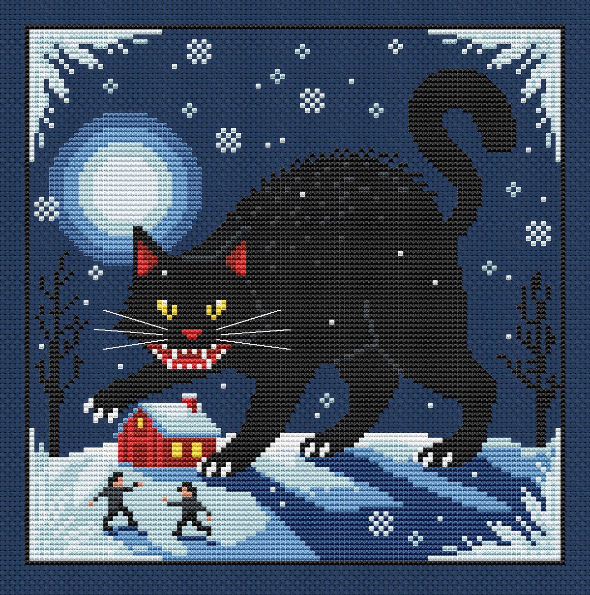 Yule Cat cross stitch design on dark blue fabric: a giant black cat, glowing blue moon, white snowflakes, a red cottage and two tiny figures in a snowy landscape.