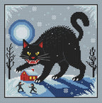 Yule Cat cross stitch preview on blue-grey fabric, with a large black cat over a red cottage, bare winter trees, snowflakes and a blue full moon inside a square border.