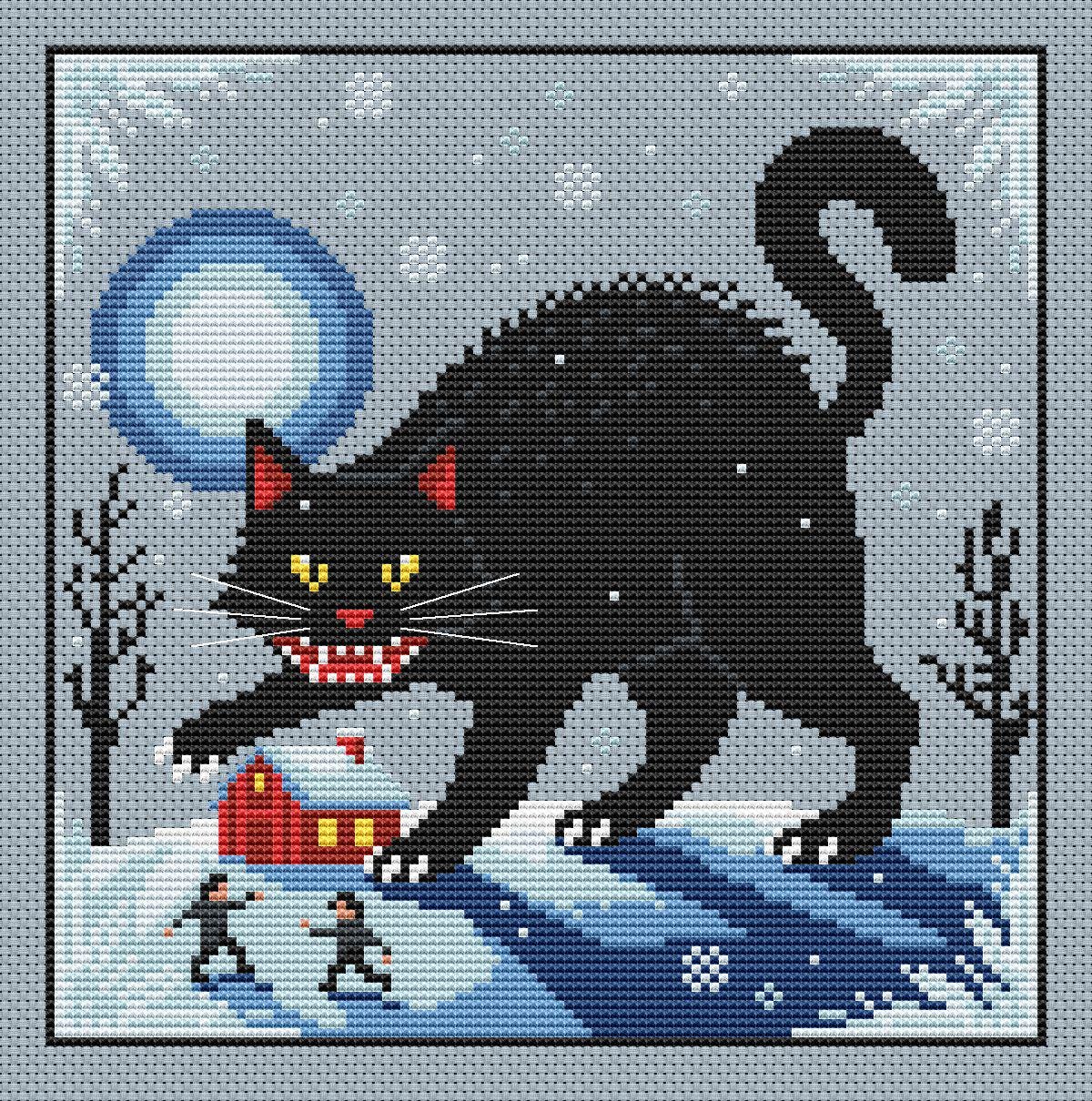 Yule Cat cross stitch preview on blue-grey fabric, with a large black cat over a red cottage, bare winter trees, snowflakes and a blue full moon inside a square border.