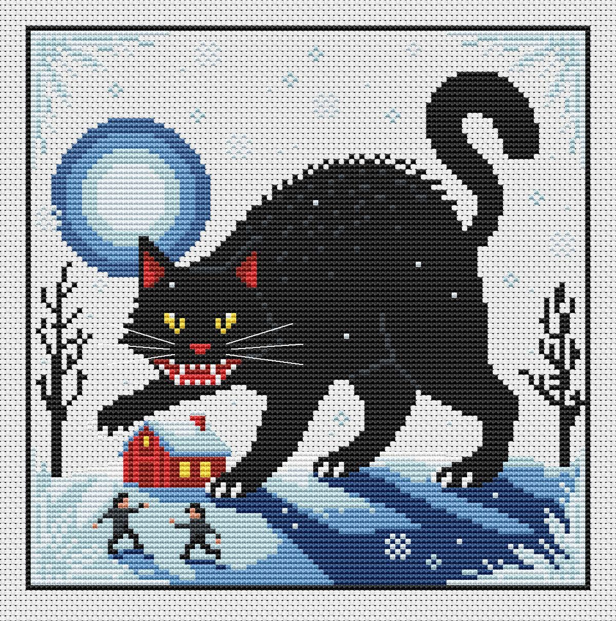 Yule Cat cross stitch design on white fabric: a giant black cat, blue full moon, red snow-covered cottage, bare trees and two tiny figures, framed by a thin black border.