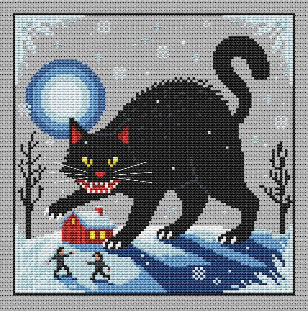 Yule Cat counted cross stitch preview on grey fabric. A black cat with yellow eyes towers over a red cottage and small figures beneath a blue moon and scattered snowflakes.