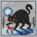 Yule Cat counted cross stitch preview on grey fabric. A black cat with yellow eyes towers over a red cottage and small figures beneath a blue moon and scattered snowflakes.
